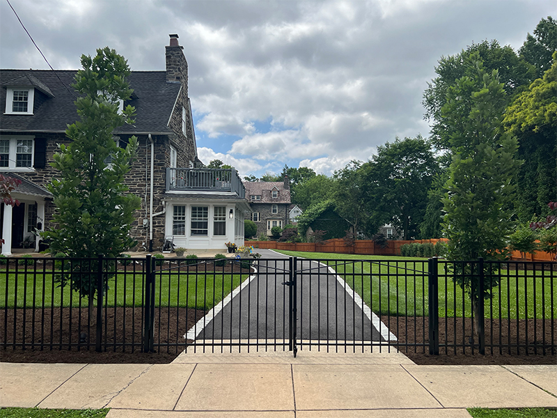Kindred Spirit oak trees (Quercus x ‘Kindred Spirit’) framing the driveway entrance with structured front yard plantings at Overbrook Farms.