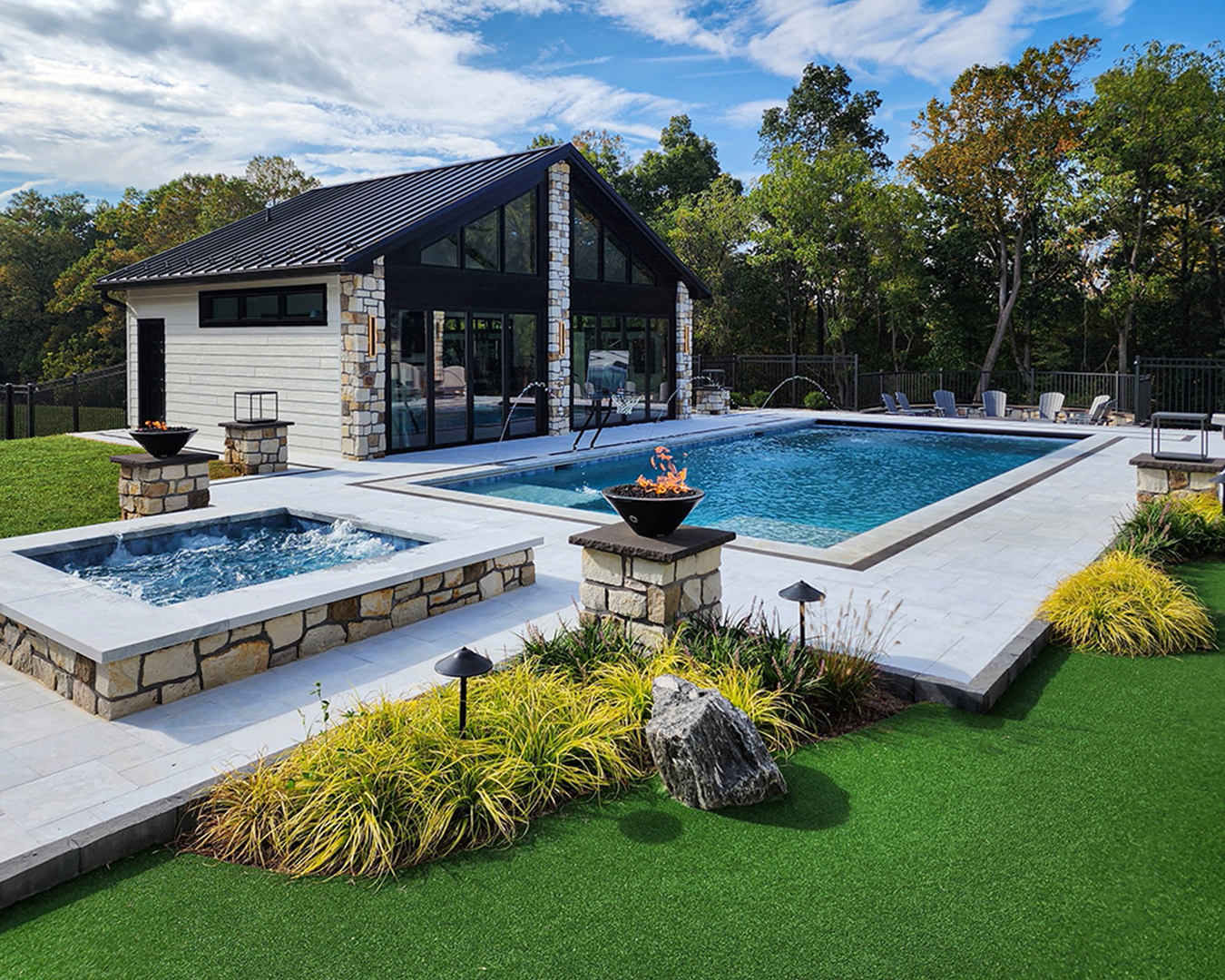Ground-level view of putting green surrounded by perennial plantings, with pool and detached gym in the background at a modern farmhouse landscape in Christiana, PA